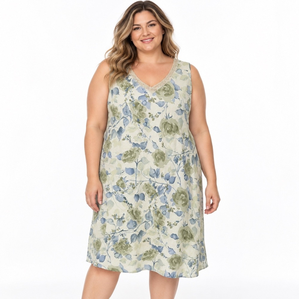 Norton Woman 1X Linen Green Blue Floral Midi Shift Dress Lace Trim Cottagecore